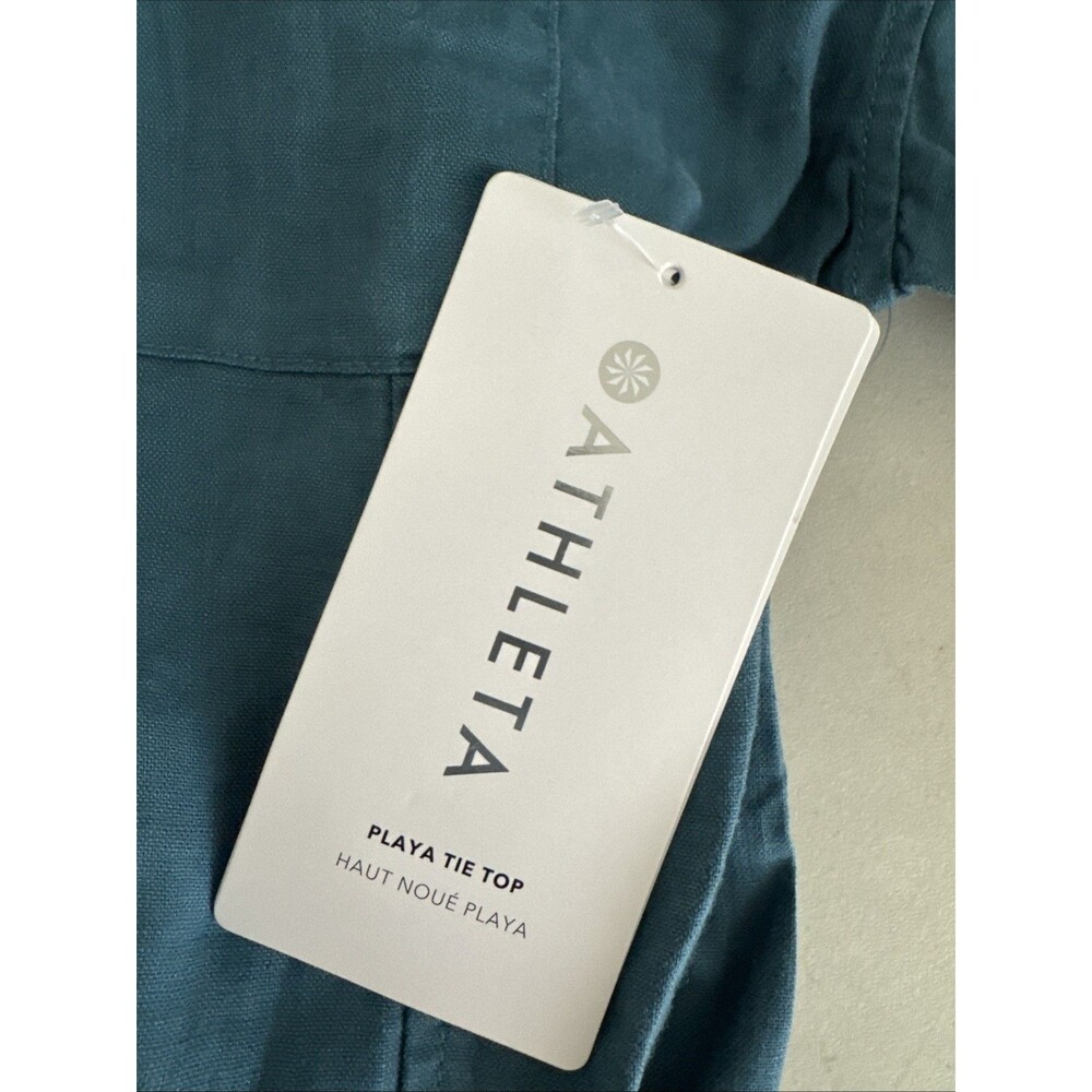 New Athleta 100% Linen Playa Tie Top Size Medium wrap shirt teal Borealis Green - Picture 3 of 12